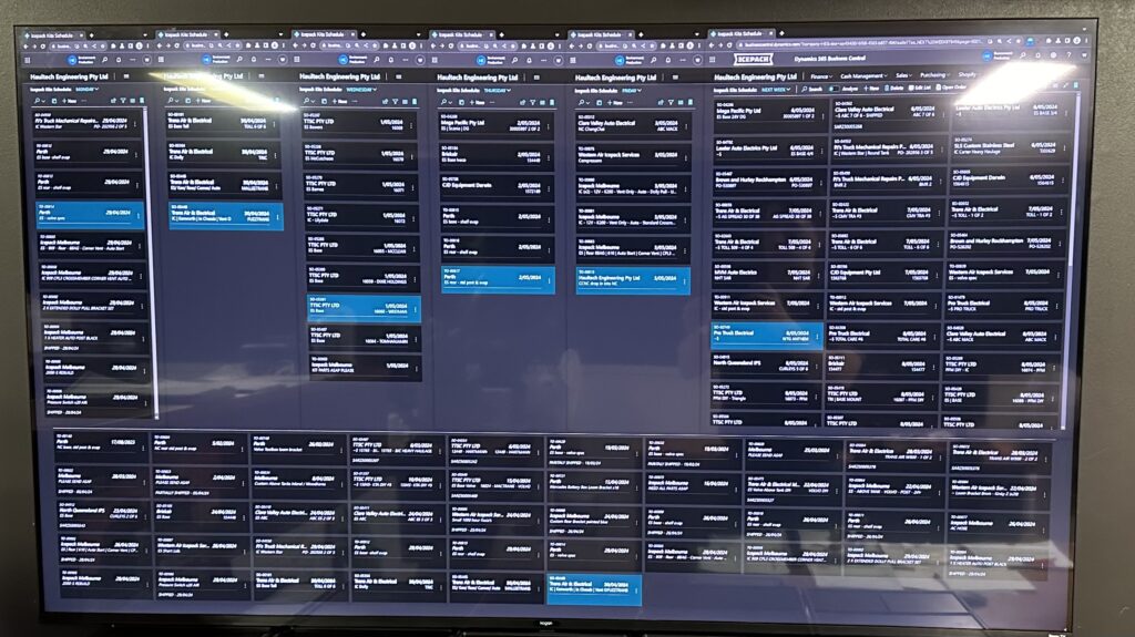 After image of a digital dashboard displaying sales and transfer orders on a TV screen, powered by Business Central.